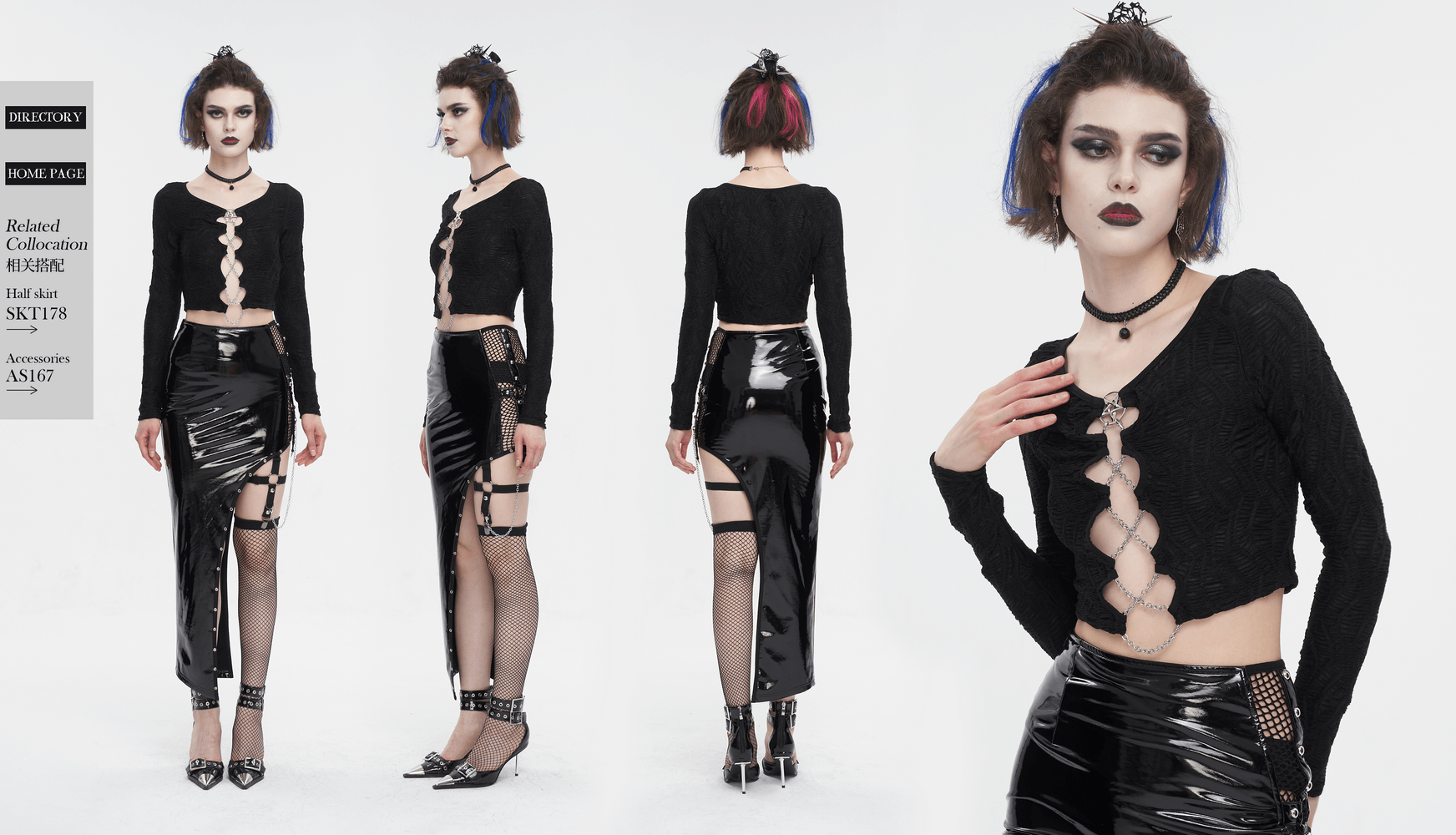 Gothic sexy long sleeve black crop top with cut-outs and chain lace-up detail, styled with a sleek black skirt.