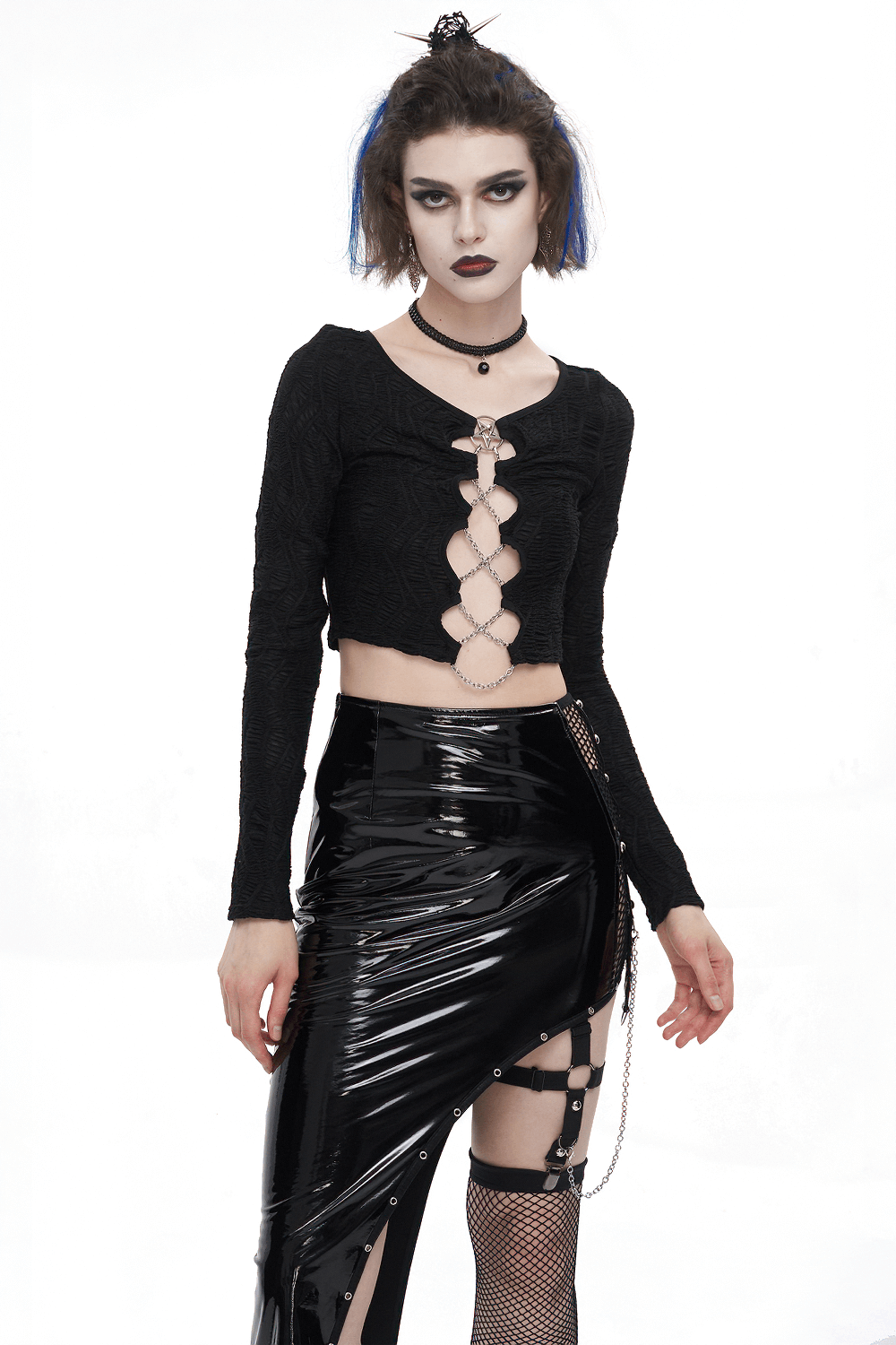 Gothic sexy long-sleeved black crop top with chain lace-up and cut-out design, paired with a shiny black skirt.