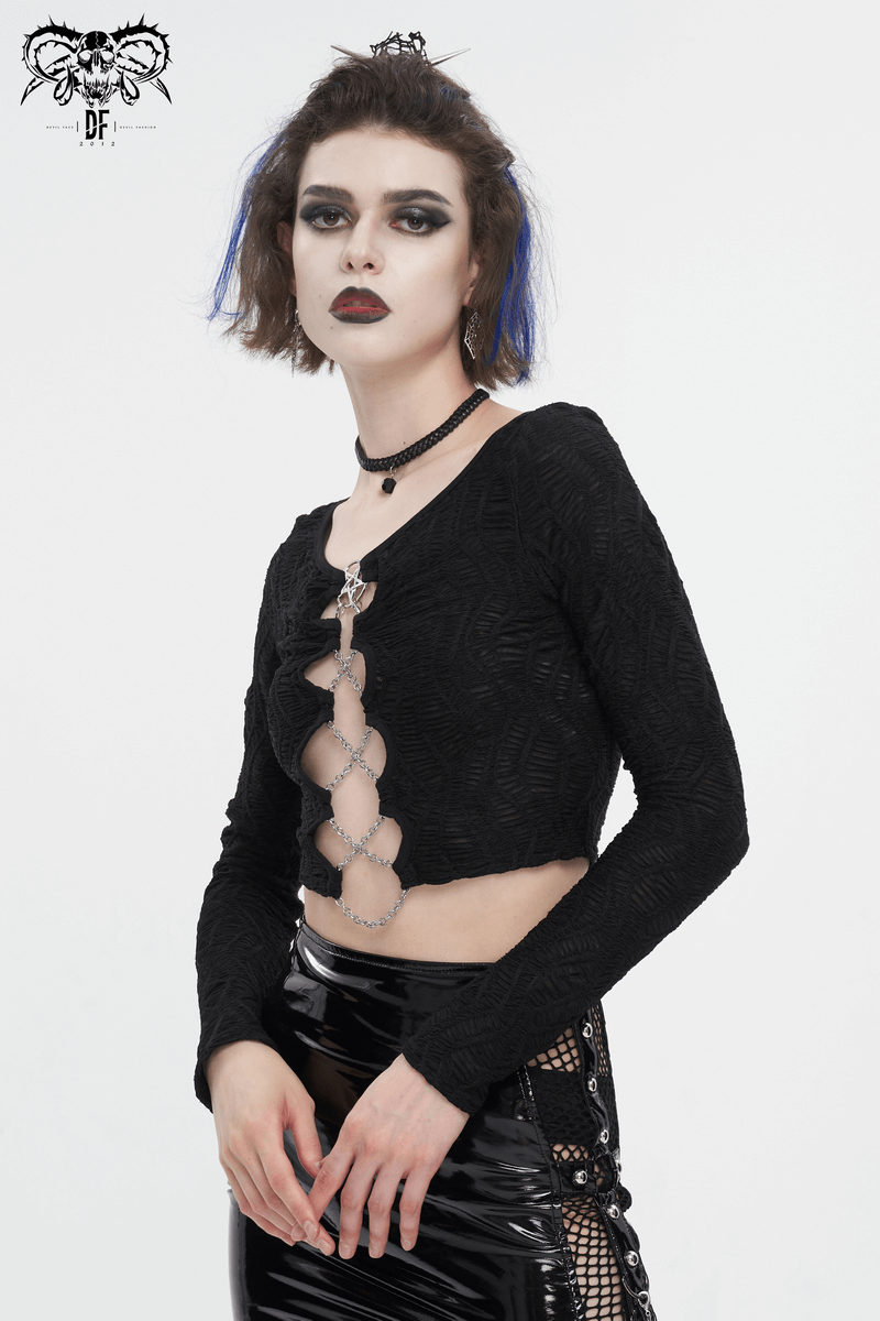 Gothic long sleeves black crop top with chain lace-up, sultry style for bold fashionistas.