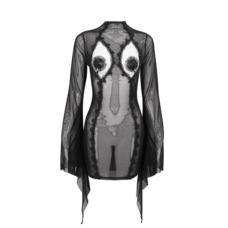 Gothic women's black transparent dress with trumpet sleeves, featuring unique hollow chest design and elegant flowing fabric.