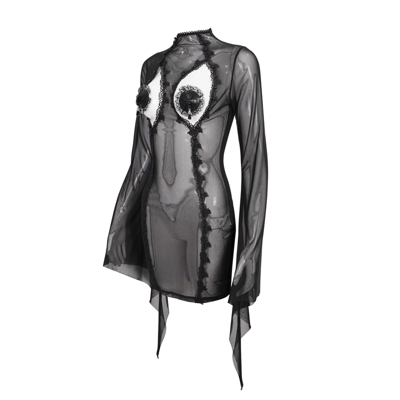 Stylish gothic women's black transparent dress with trumpet sleeves and hollow chest design, perfect for a daring look.