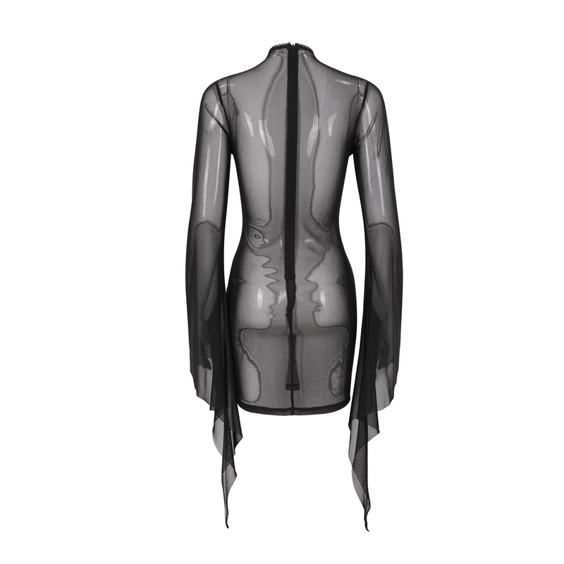 Black transparent women's dress with trumpet sleeves, showcasing a gothic elegance and stylish hollow-out design.