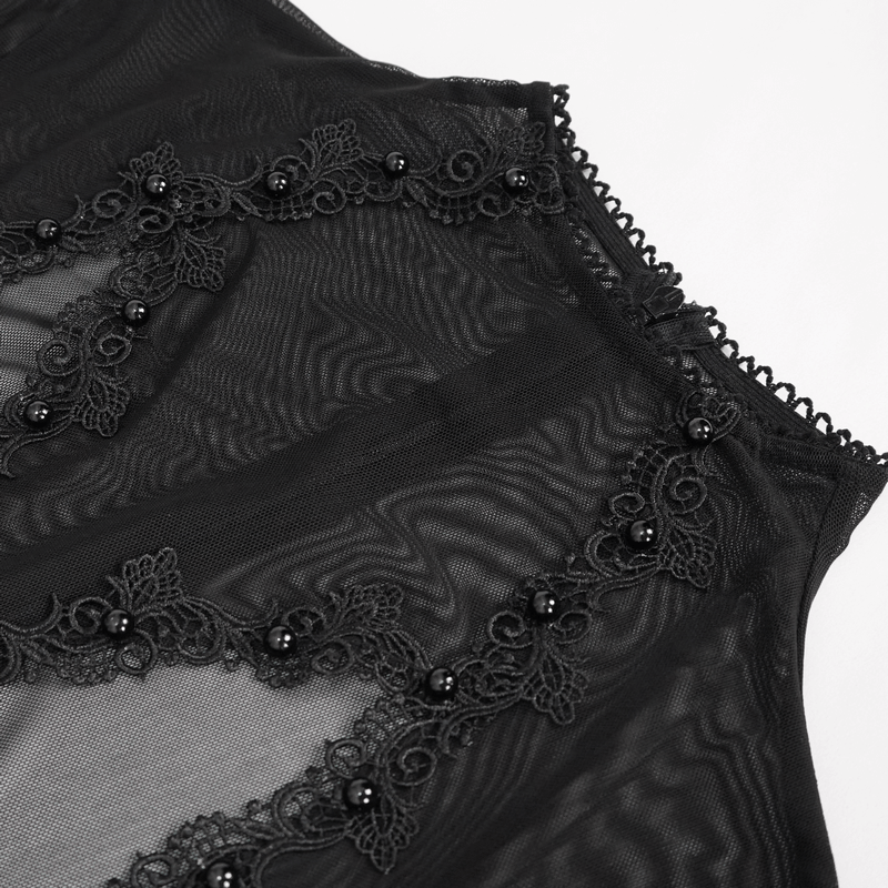 Close-up of a black transparent dress with lace and bead detailing for a gothic style look.