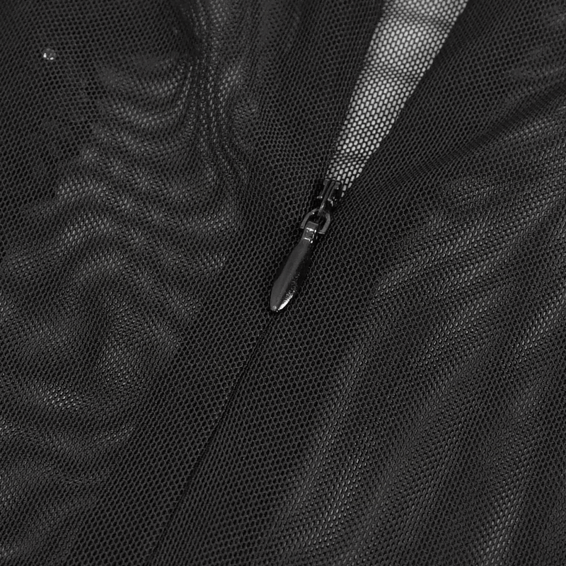 Close-up of black transparent fabric with zipper detail, showcasing the elegant gothic style of the dress.