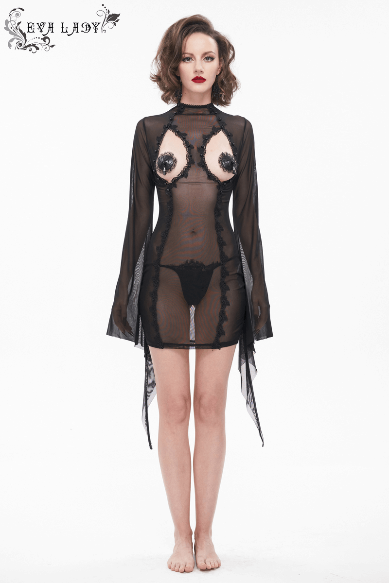 Gothic women's transparent dress with trumpet sleeves, featuring intricate details and a stylish design.