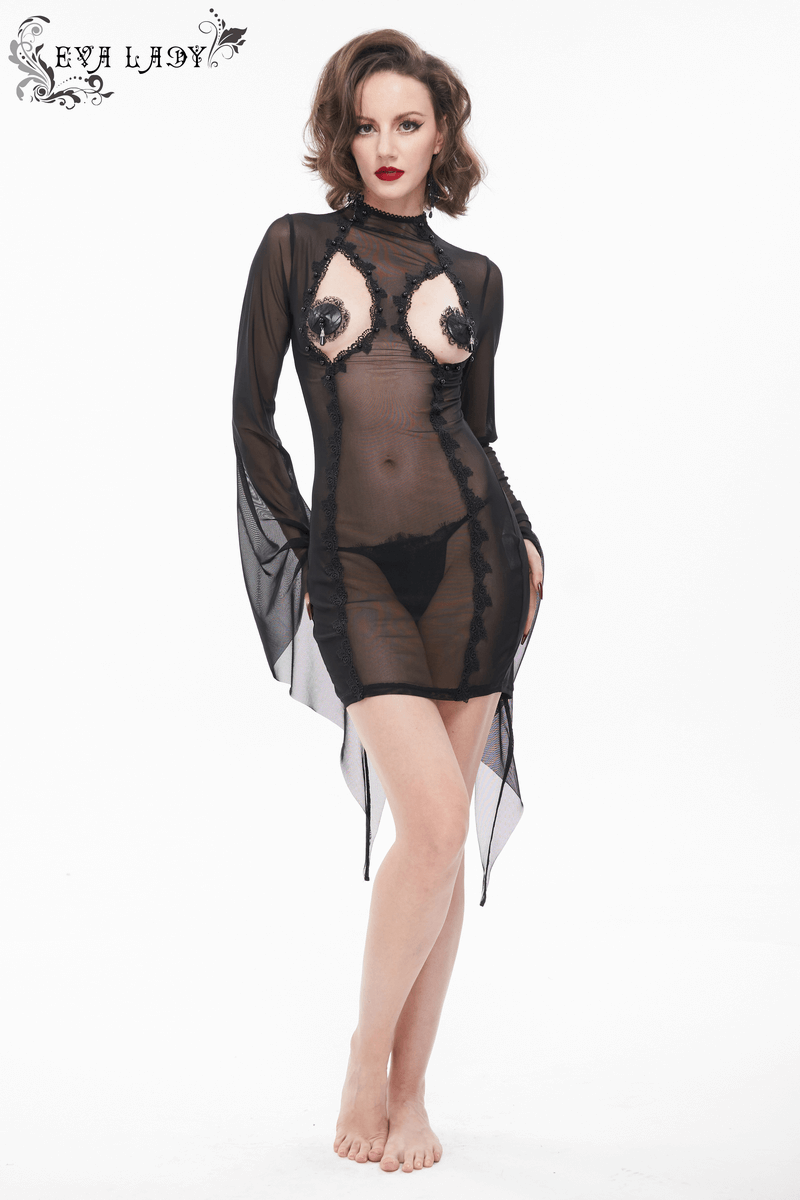 Gothic sexy black transparent dress with trumpet sleeves, stylish for a bold fashion statement.
