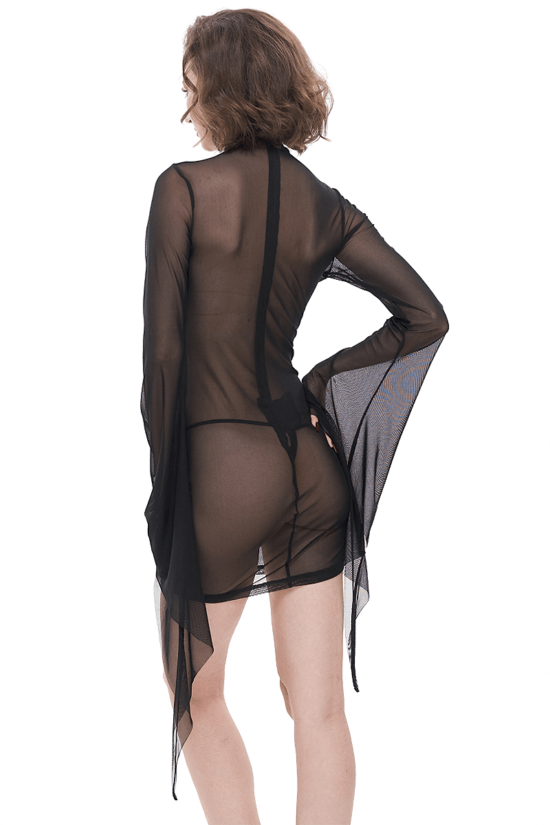 Black transparent mini dress with trumpet sleeves, showcasing a graceful gothic style from the back.