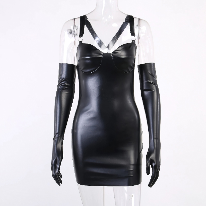Gothic Sexy PU Leather Black Mini Dress with gloves / Women's Dress Backless Sleeveless - HARD'N'HEAVY