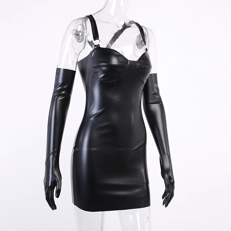 Gothic Sexy PU Leather Black Mini Dress with gloves / Women's Dress Backless Sleeveless - HARD'N'HEAVY