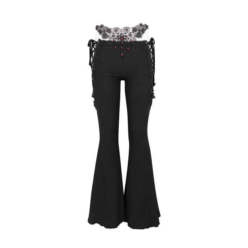Gothic sexy slim lace-up flared trousers for women with lace appliqué and stylish design, perfect for vintage and modern looks.