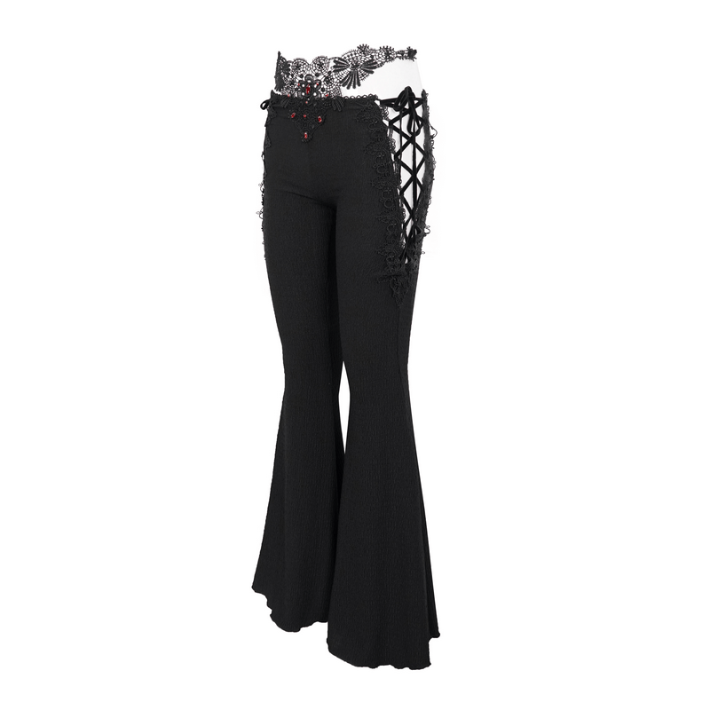Gothic sexy slim lace-up flared trousers with lace applique details in black for a vintage look.
