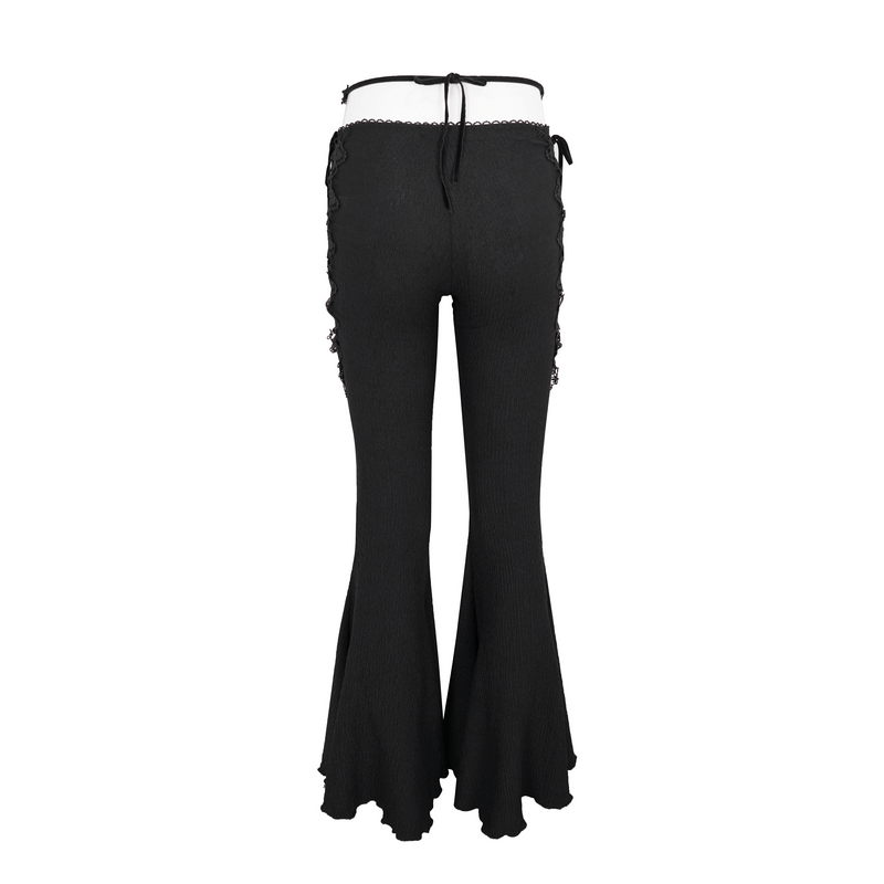 Back view of Gothic sexy slim lace-up flared trousers in black, showcasing delicate lace appliques and elegant flared cut.