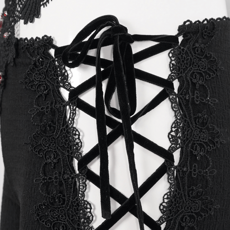 Close-up of lace-up details and floral lace on gothic sexy trousers, highlighting elegant black fabric and stylish design.