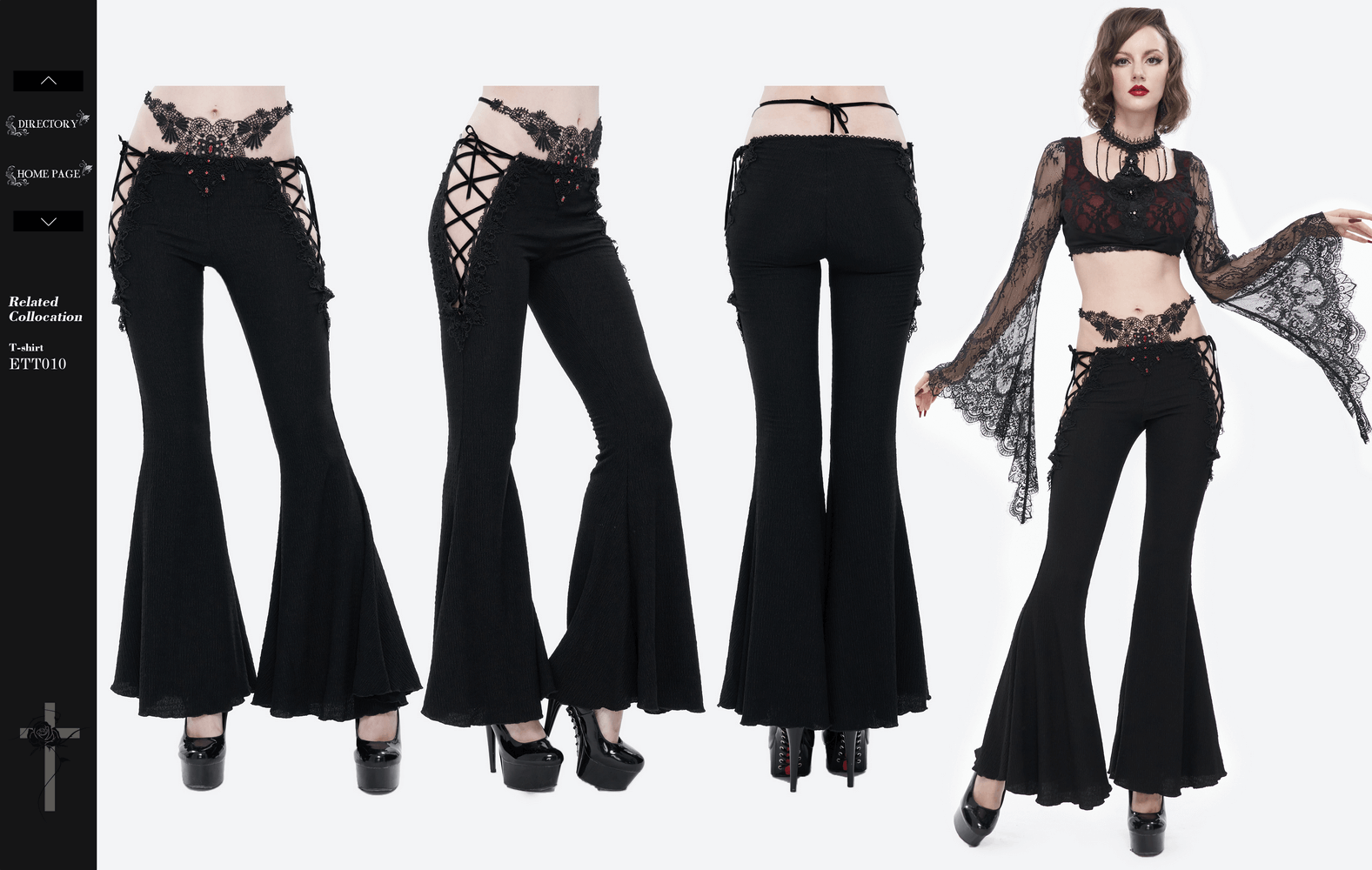 Gothic sexy slim lace-up flared trousers showcasing stylish lace accents on a model with dramatic flair.