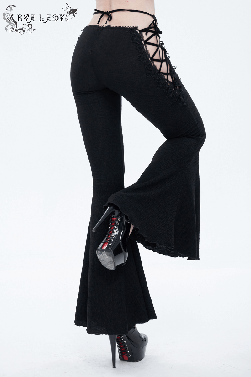 Gothic sexy slim lace-up flared trousers with intricate lace detail, perfect for a vintage-inspired look.