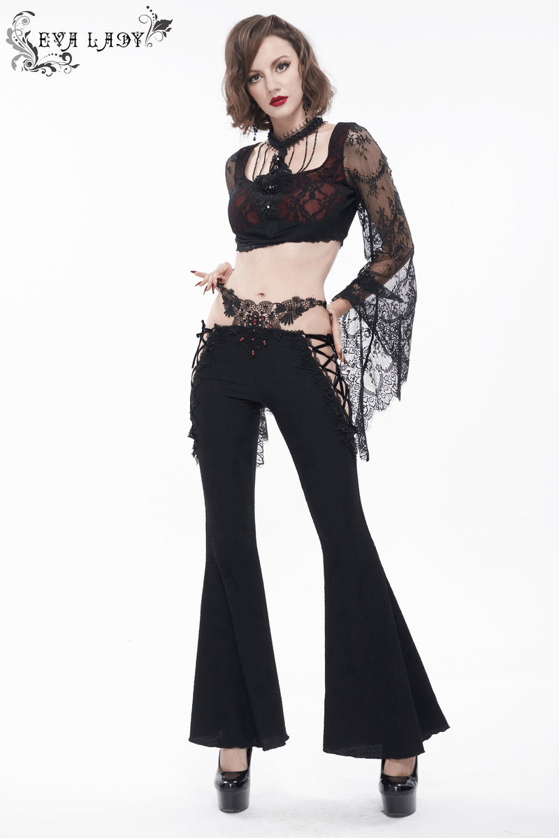 Gothic sexy slim lace-up flared trousers for women featuring lace applique details and a stylish black design.