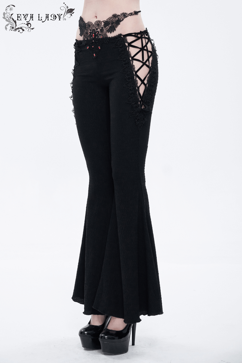 Gothic Sexy Slim Lace-Up Flared Trousers / Women's Lace Applique Black Pants - HARD'N'HEAVY