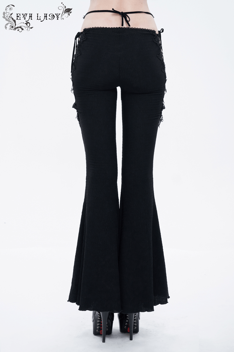 Gothic sexy slim lace-up flared trousers for women showcasing a stylish black design with lace appliqué and flared cut.