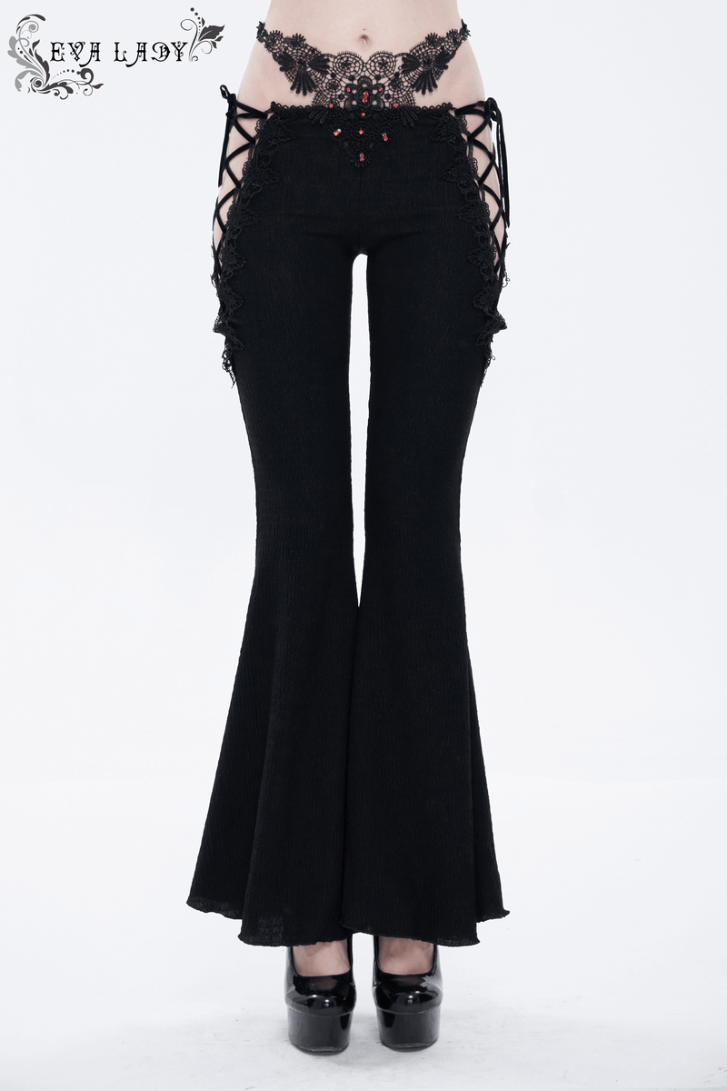 Gothic sexy women's lace-up flared trousers in black, showcasing intricate lace appliqué details and stylish flared cut.
