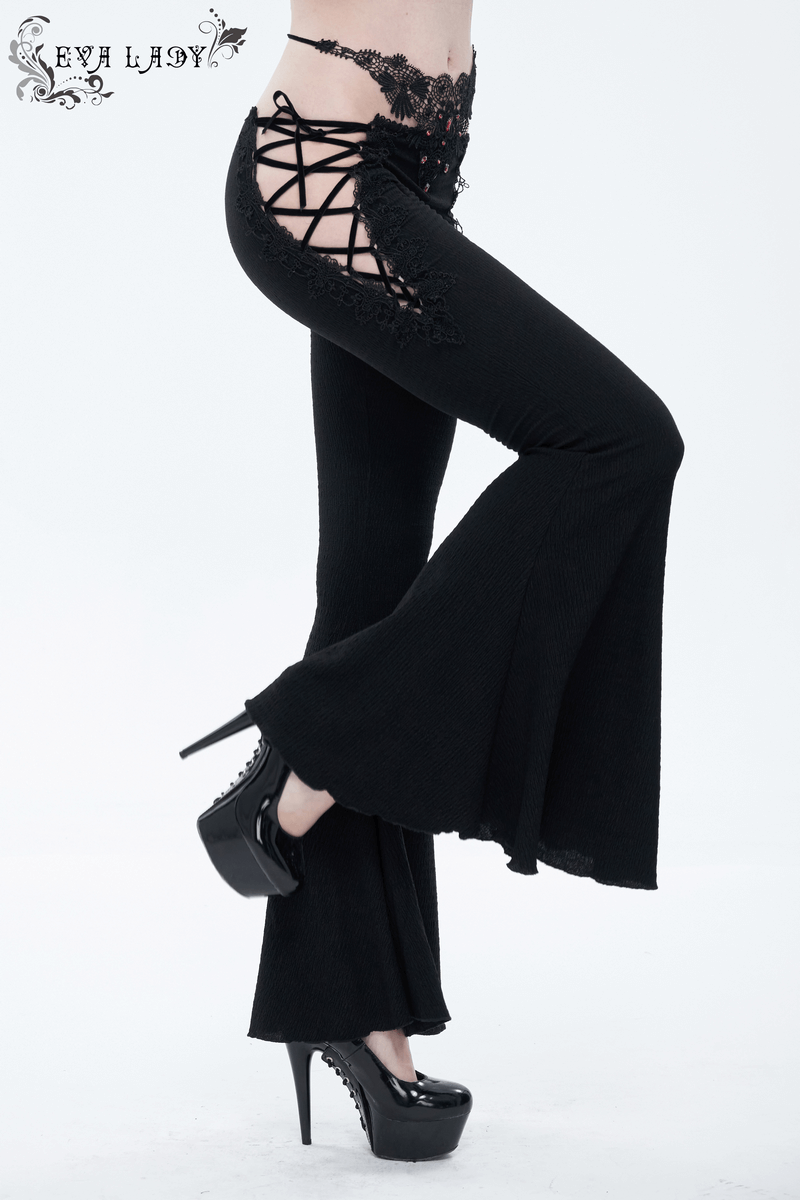 Gothic sexy slim lace-up flared trousers on model highlighting elegant lace details and flared design, perfect for a bold statement.