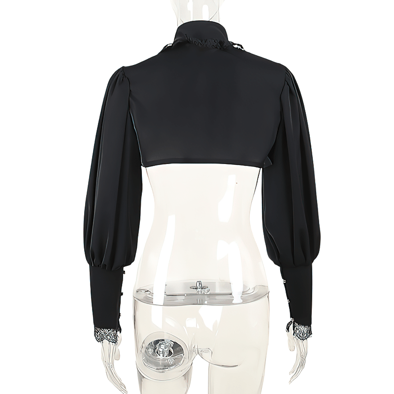 Back view of a gothic black v-neck collar bolero with lantern long sleeves for women's aesthetic fashion.