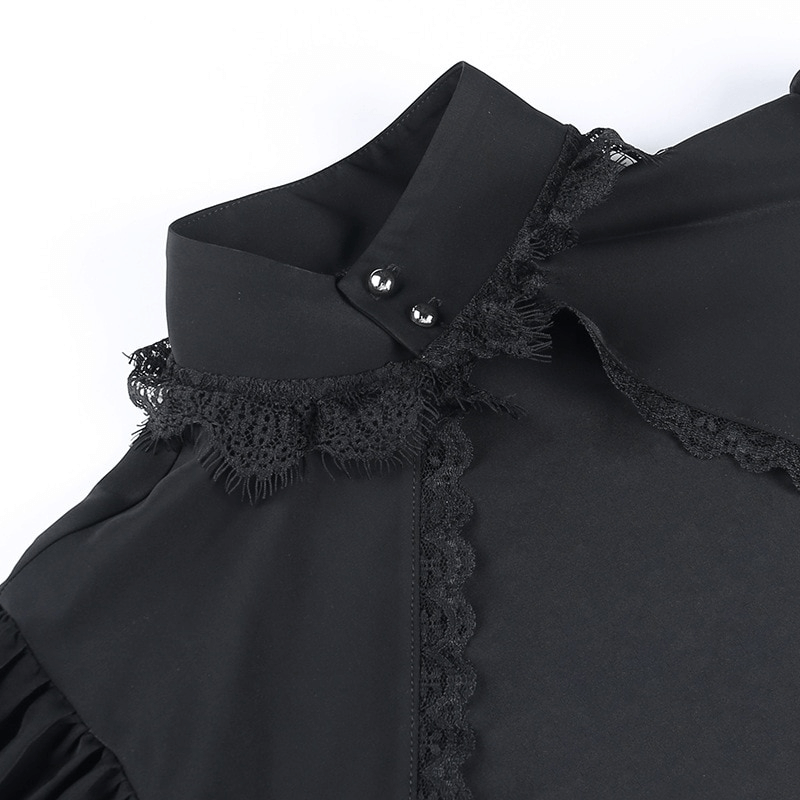 Close-up of a gothic sexy v-neck collar bolero with lace detailing and buttons, perfect for alternative women's fashion.
