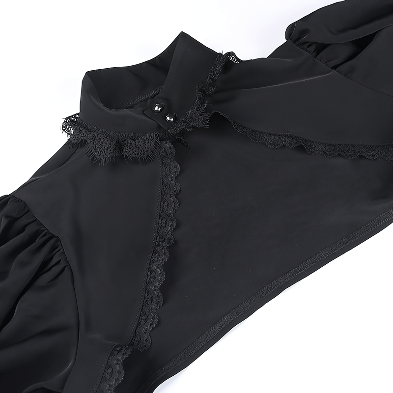 Gothic sexy v-neck collar bolero with lantern long sleeves in black fabric, featuring lace trim and elegant design.