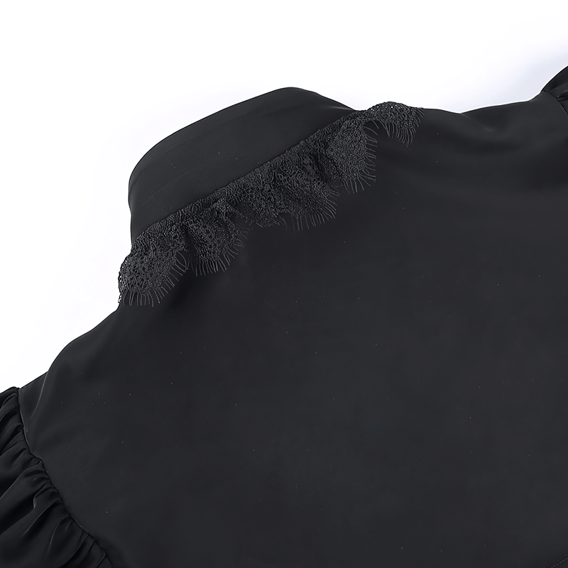 Close-up of the gothic v-neck collar bolero, featuring elegant lace detailing on the black fabric.