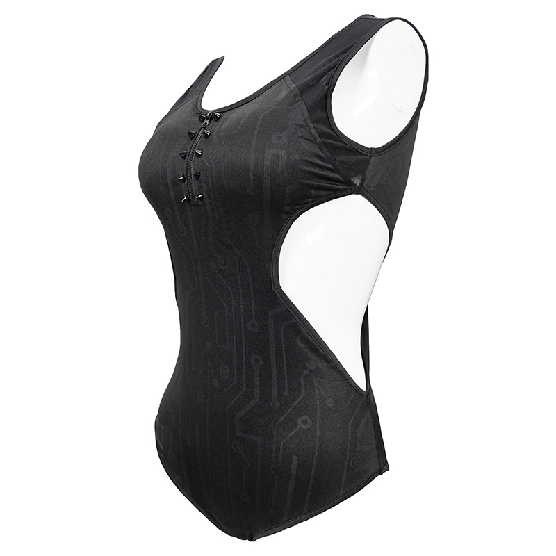 Gothic sexy women's one-piece swimsuit with zipper front and stylish spikes, perfect for trendy summer vibes.