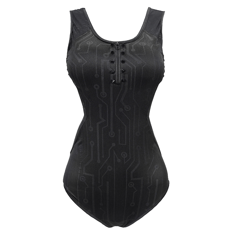 Gothic sexy women's one-piece swimsuit with stylish zipper front and chic circuit pattern design.
