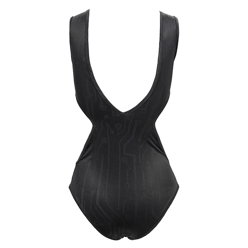 Gothic women's one-piece swimsuit back view with stylish cut and modern design in black.