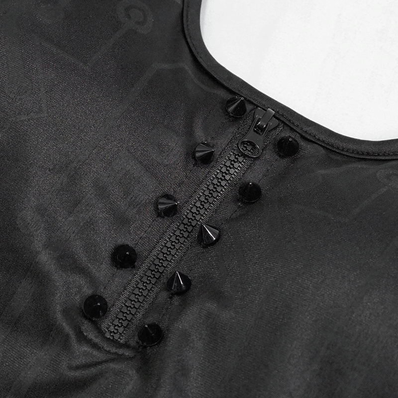 Close-up of gothic black swimsuit zipper with stylish spikes and sleek design, perfect for trendy summer wear.