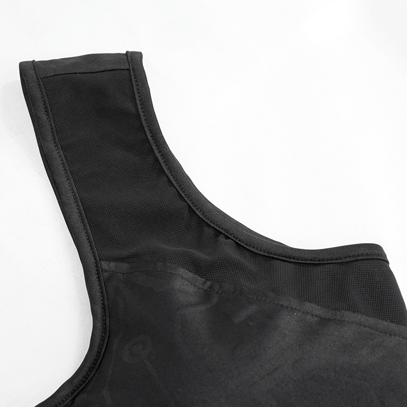 Close-up of the stylish black shoulder strap on a gothic women's one-piece swimsuit.