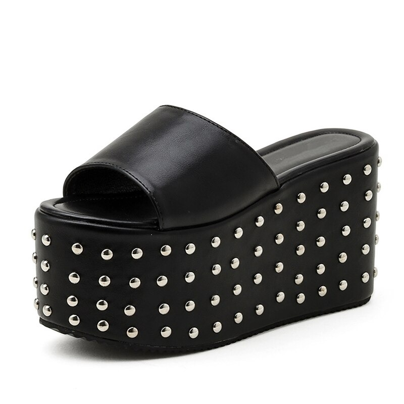Gothic Sexy Women's Sandals on Extreme Platform / Black Comfy Walking Shoes with Rivet - HARD'N'HEAVY