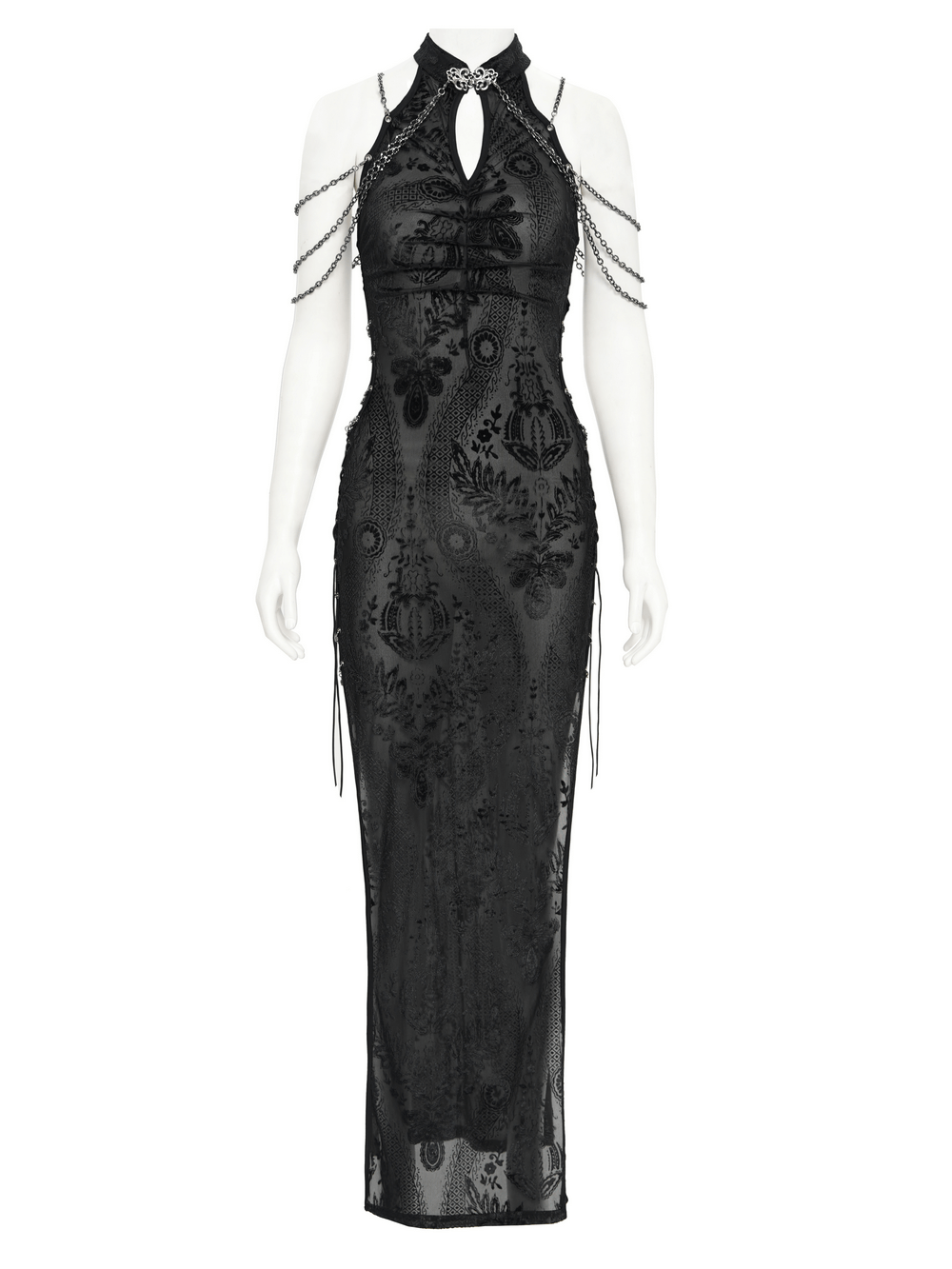 Gothic sheer black dress with chain shoulders and floral embroidery, perfect for dramatic, alternative styles.