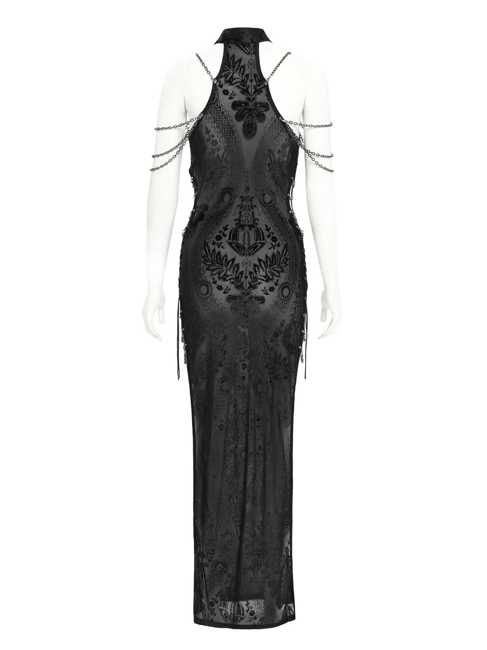 Back view of gothic sheer black dress with chain shoulder details and floral embroidery.