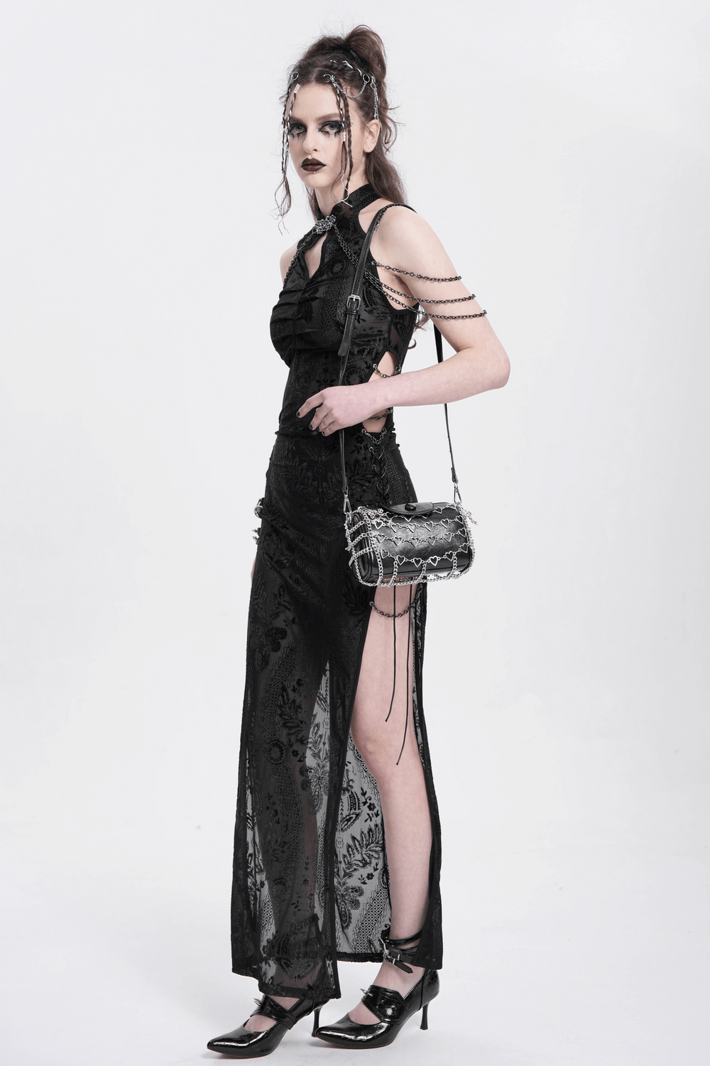 Gothic sheer black dress with chain details and floral embroidery, perfect for alternative fashion styles.