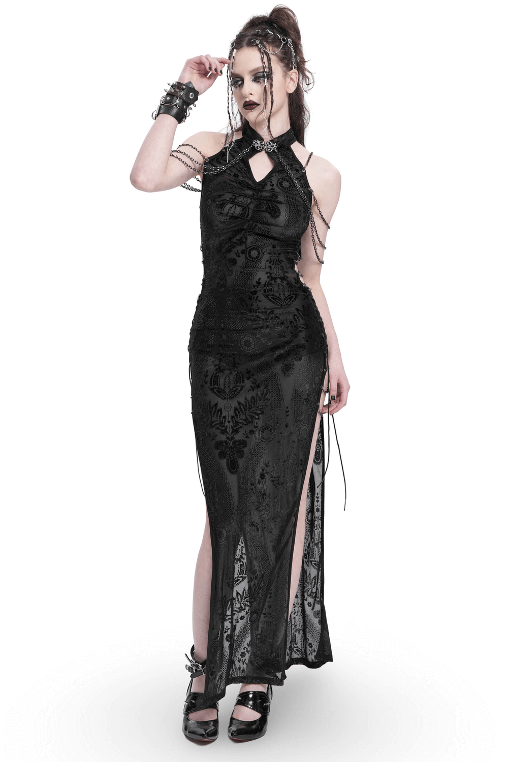 Gothic sheer black dress with chain shoulder detail and floral embroidery, perfect for alternative fashion.