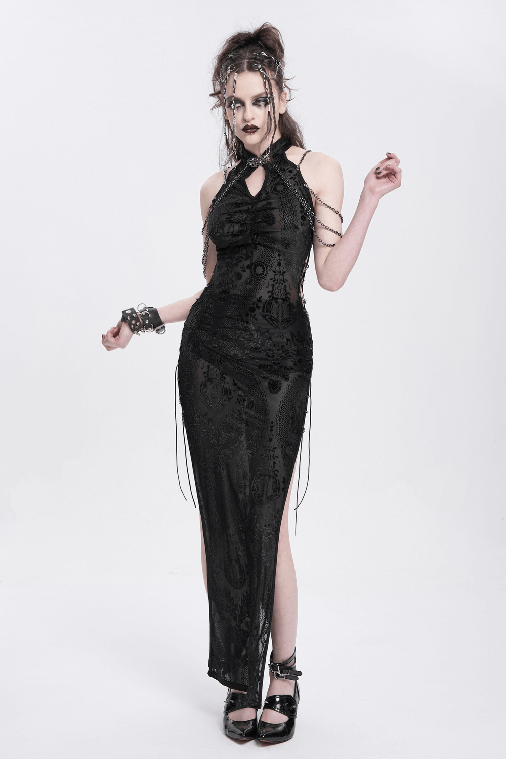 Gothic sheer black dress with chain shoulder details and floral embroidery, perfect for alternative fashion.