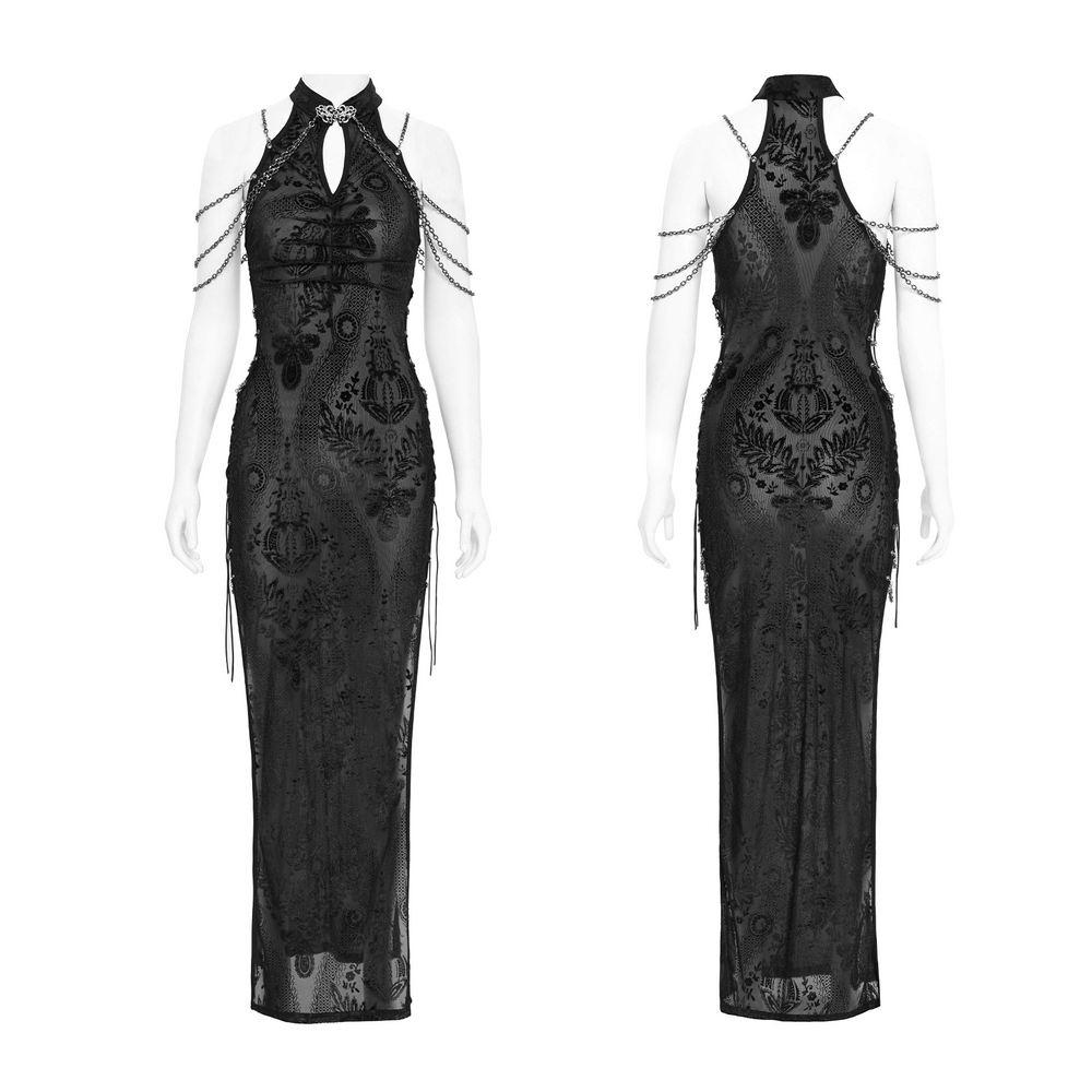 Gothic sheer black dress with chain shoulder details and floral embroidery, featuring a halter-neck and keyhole front.