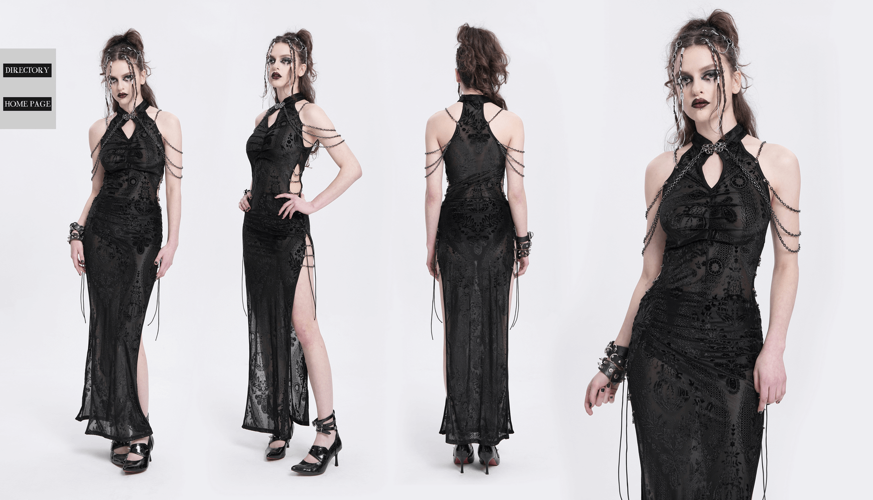 Gothic sheer black dress with chain shoulder details and floral embroidery, showcasing a halter neck and keyhole front.
