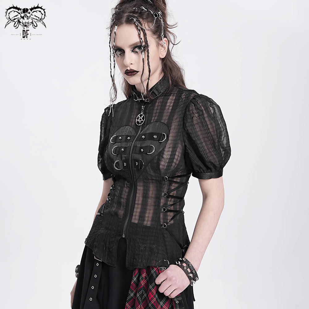 Gothic sheer black lace-up blouse with heart buckle, pentagram detail, and puff sleeves for alternative fashion.