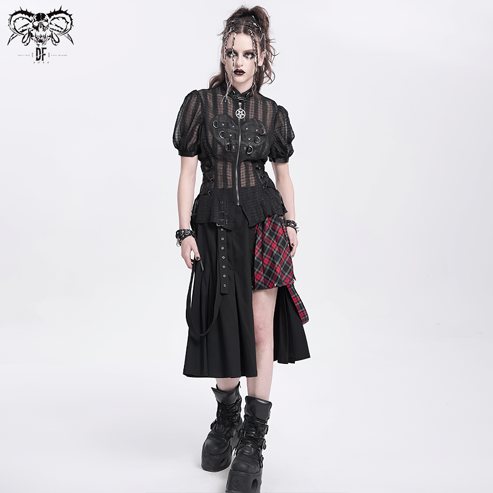 Gothic sheer black blouse with lace-up sides, heart buckle, and plaid skirt for punk and alternative fashion lovers.