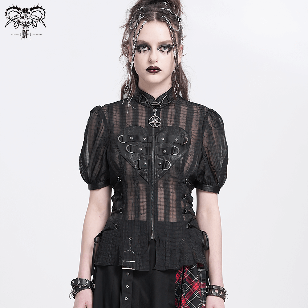 Gothic sheer black lace-up blouse with heart buckle and pentagram charm, perfect for alternative fashion lovers.