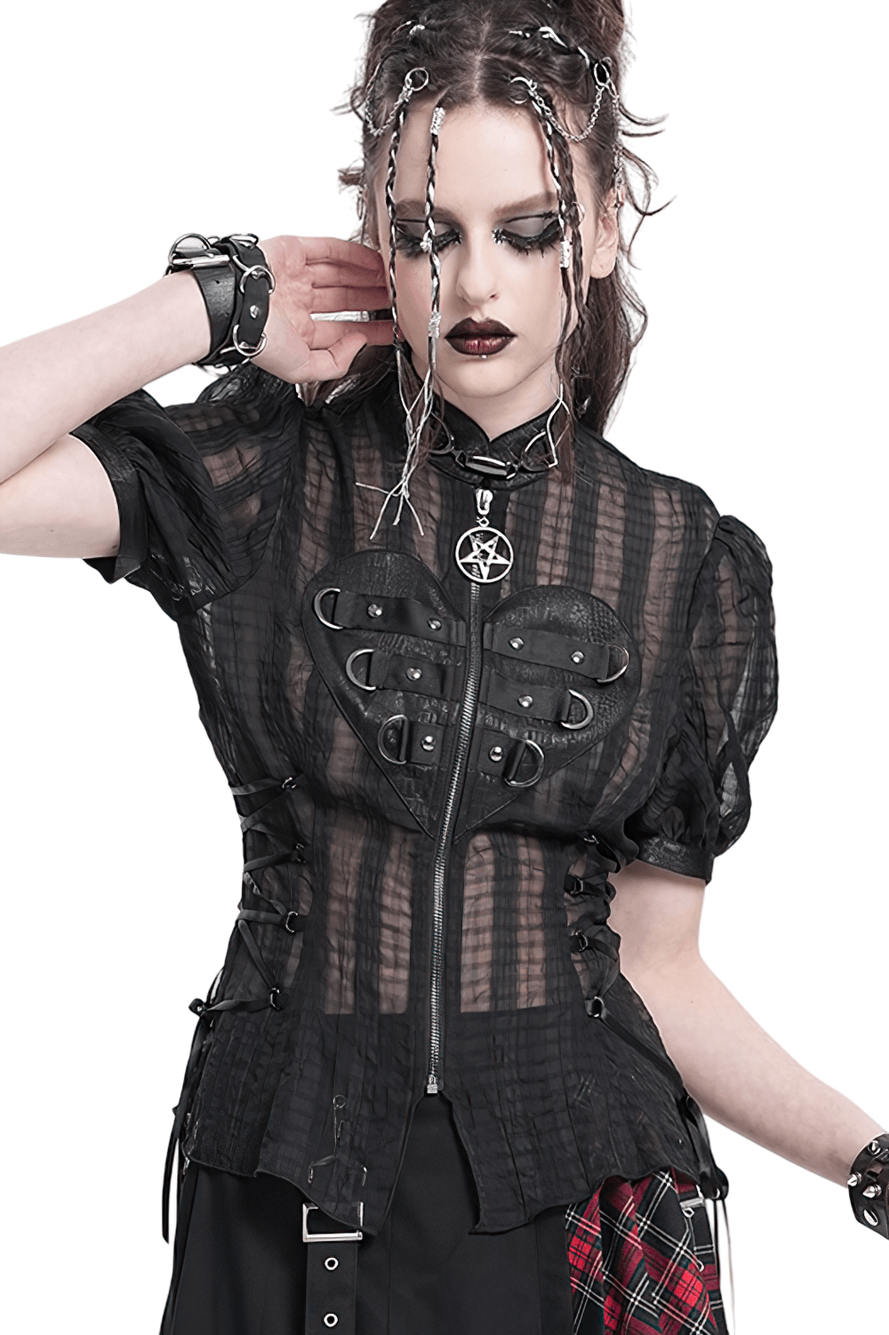 Gothic sheer black lace-up blouse with heart buckle front and pentagram charm, perfect for punk and alternative fashion.