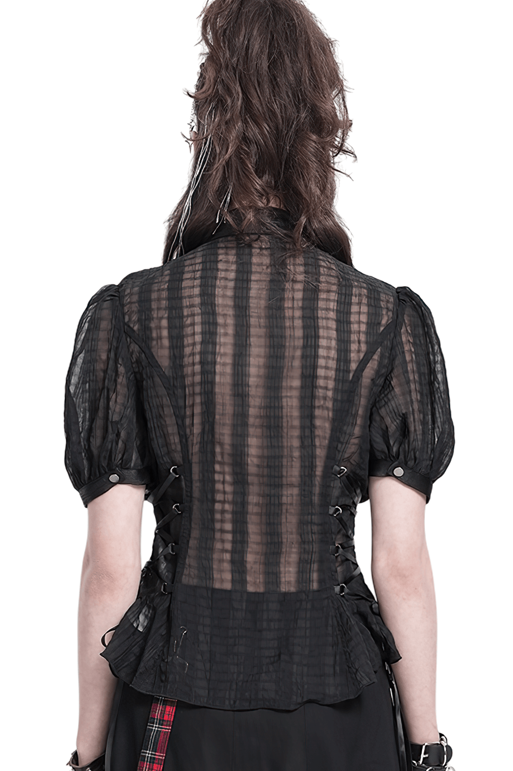 Back view of a sheer black lace-up blouse with puff sleeves and vertical stripes, perfect for punk-goth fashion.