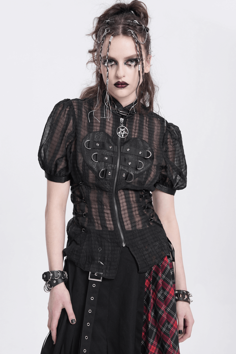 Gothic sheer black lace-up blouse with heart buckle and pentagram charm, perfect for alternative fashion.
