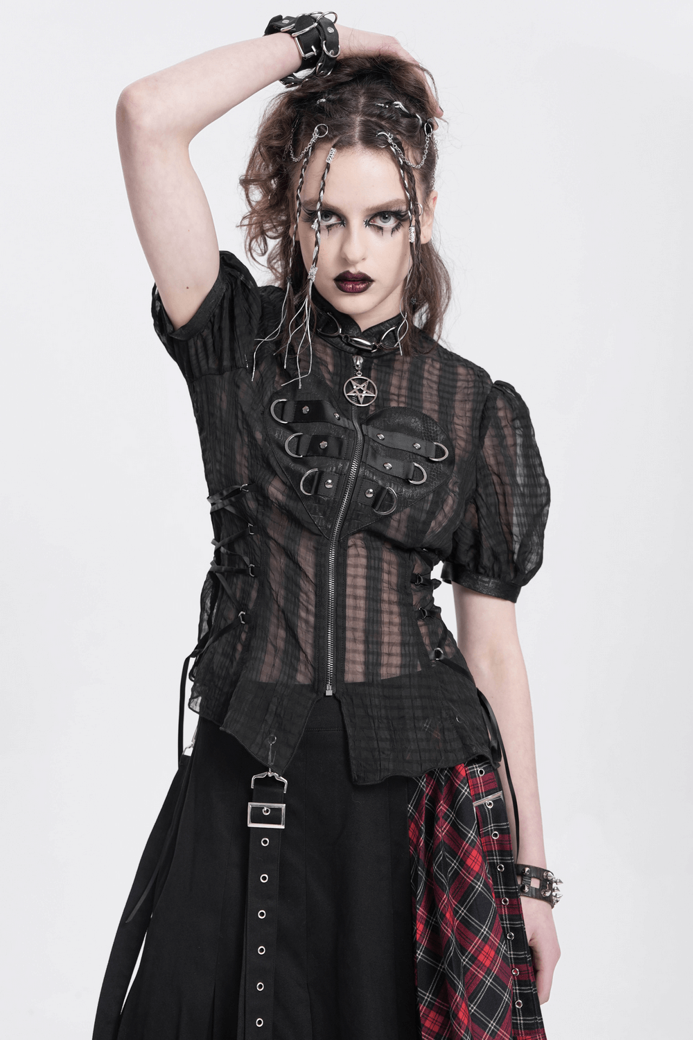 Gothic sheer black lace-up blouse with pentagram charm and heart buckle, styled for punk alternative fashion.