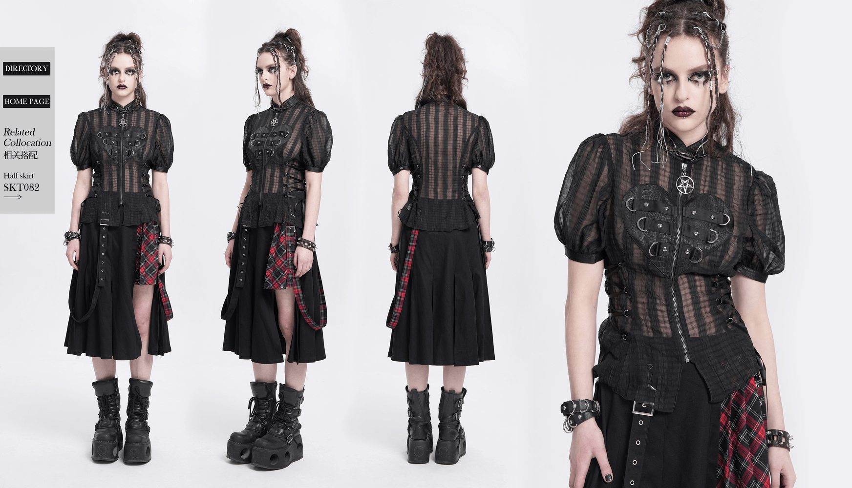 Gothic black lace-up blouse with heart buckle and pentagram charm, perfect for alternative fashion lovers.