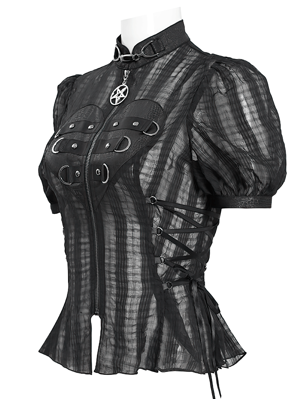 Gothic sheer black lace-up blouse with heart buckle and pentagram charm, featuring puff sleeves and vertical stripes.